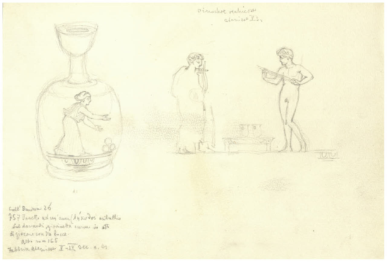 Pittura vascolare antica: tra le altre figure giovane donna che gioca con le bocce, ceramica a figure rosse (Collezione Sambon al Museo Teatrale della Scala) (disegno) di Disertori, Benvenuto Maria (prima metà sec. XX)