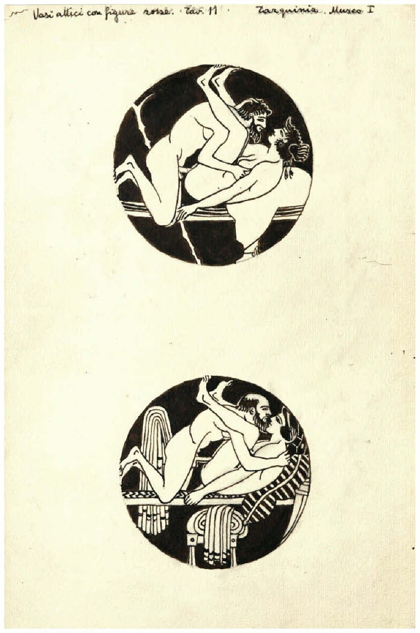 Pittura vascolare antica. Scene erotiche, ceramiche a figure rosse (disegno) di Disertori, Benvenuto Maria (prima metà sec. XX)