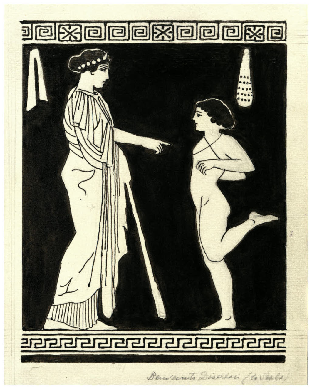 Pittura vascolare antica. Lezione di ginnastica, ceramica a figure rosse (Collezione Sambon al Museo Teatrale della Scala) (disegno) di Disertori, Benvenuto Maria (prima metà sec. XX)