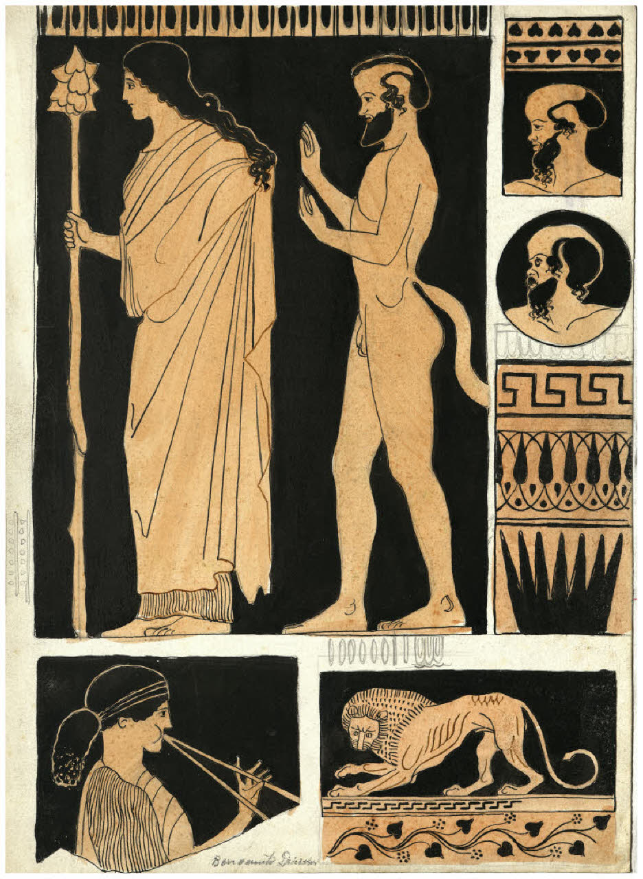 Pittura vascolare antica. Ceramiche a figure rosse, tra cui una suonatrice di aulos (disegno) di Disertori, Benvenuto Maria (prima metà sec. XX)