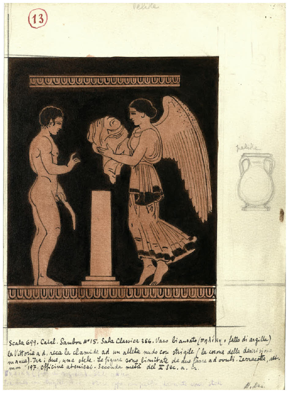 Pittura vascolare antica. La Vittoria porge la calamide a un atleta, ceramica a figure rosse (Collezione Sambon al Museo Teatrale della Scala) (disegno) di Disertori, Benvenuto Maria (prima metà sec. XX)