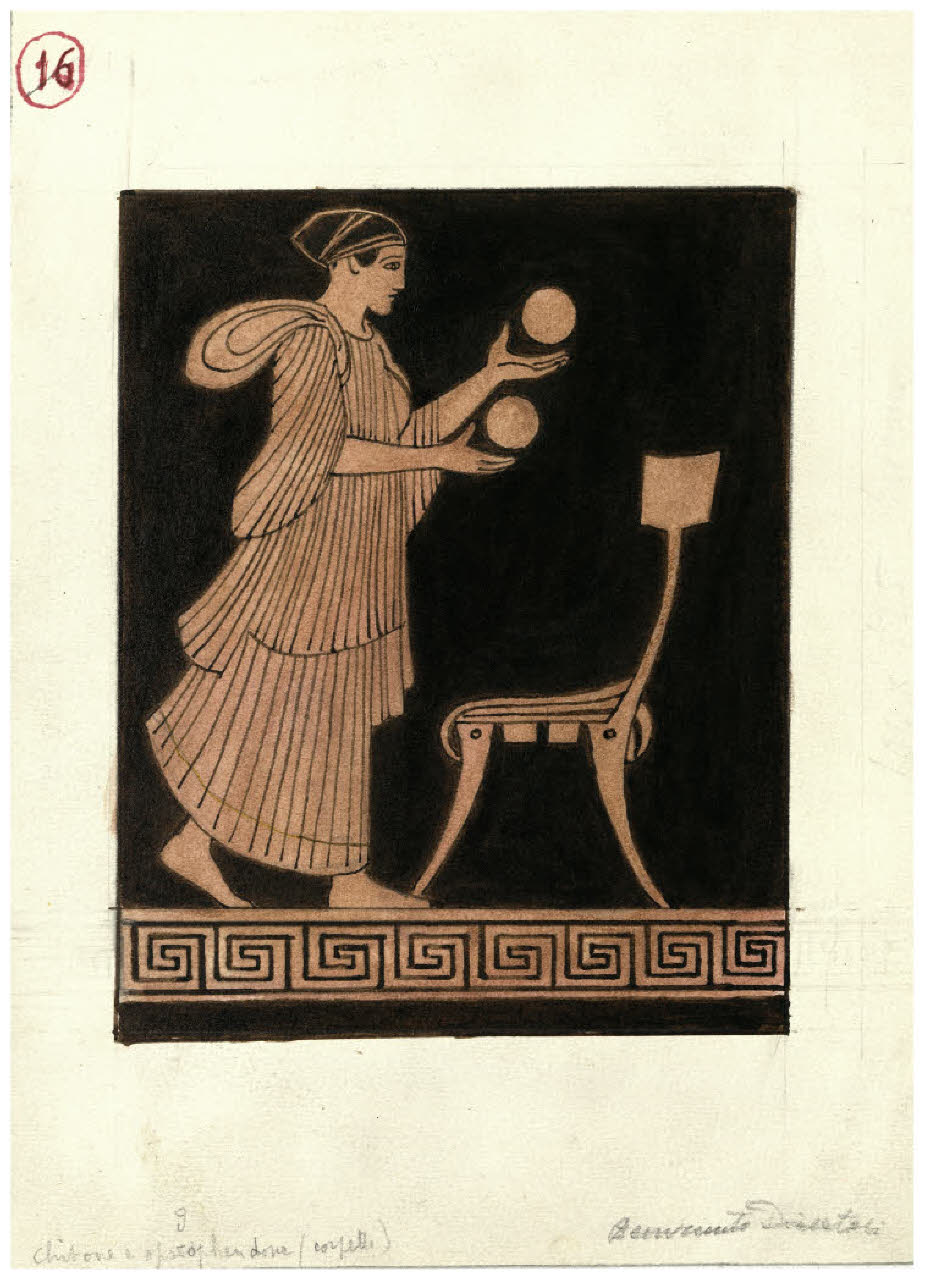 Pittura vascolare antica. Giovane donna che gioca con due palle, ceramica a figure rosse (Collezione Sambon al Museo Teatrale della Scala) (disegno) di Disertori, Benvenuto Maria (prima metà sec. XX)