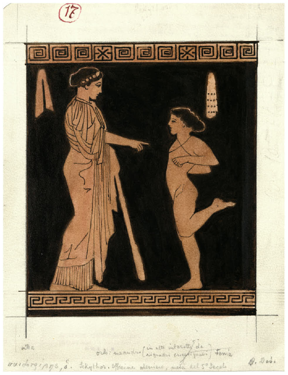 Pittura vascolare antica. Lezione di ginnastica, ceramica a figure rosse (Collezione Sambon al Museo Teatrale della Scala) (disegno) di Disertori, Benvenuto Maria (prima metà sec. XX)