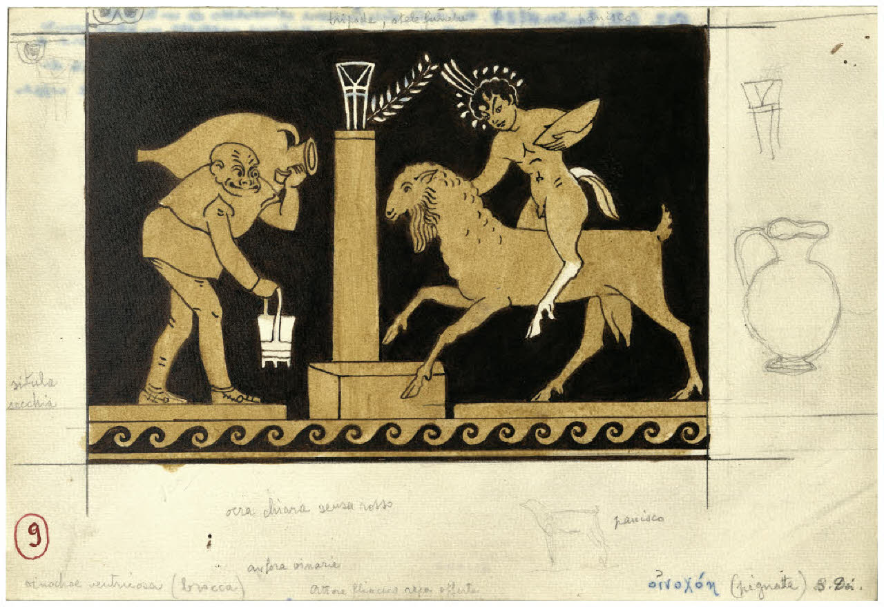 Pittura vascolare antica. Attore della commedia e panisco su un caprone, ceramica a figure rosse (Collezione Sambon al Museo Teatrale della Scala) (disegno) di Disertori, Benvenuto Maria (prima metà sec. XX)