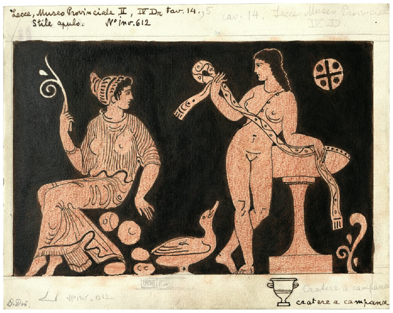 Pittura vascolare antica. Ceramica a figure rosse (Lecce, Museo Provinciale) (disegno) di Disertori, Benvenuto Maria (prima metà sec. XX)