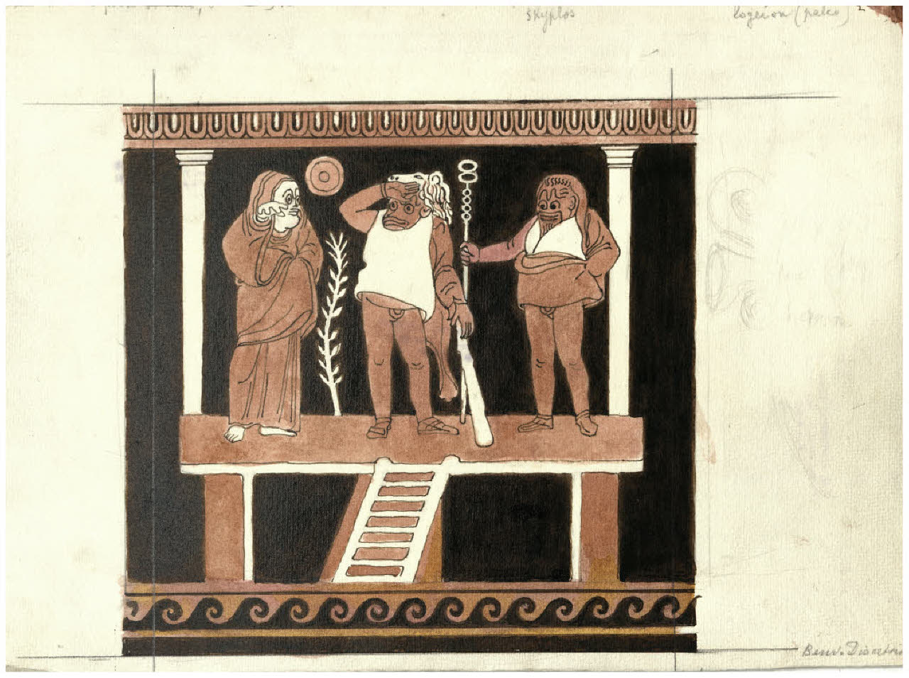 Pittura vascolare antica. Scena di commedia popolare, ceramica a figure rosse (Collezione Sambon al Museo Teatrale della Scala) (disegno) di Disertori, Benvenuto Maria (prima metà sec. XX)