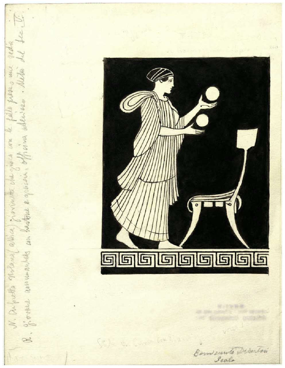 Pittura vascolare antica. Giovane donna che gioca con due palle, ceramica a figure rosse (Collezione Sambon al Museo Teatrale della Scala) (disegno) di Disertori, Benvenuto Maria (seconda metà sec. XX)