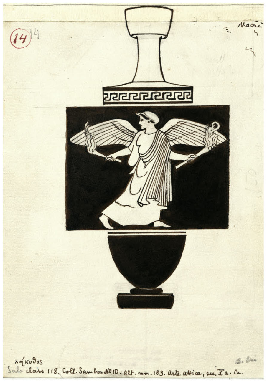 Pittura vascolare antica. Vittoria alata con due faci, ceramica a figure rosse (Collezione Sambon al Museo Teatrale della Scala) (disegno) di Disertori, Benvenuto Maria (seconda metà sec. XX)