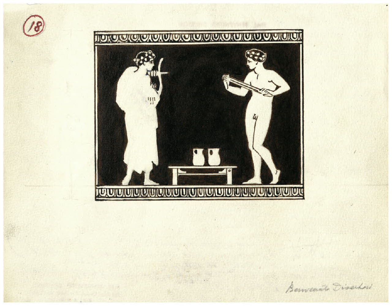 Pittura vascolare antica. Duetto musicale di un auleta e di un citarista, ceramica a figure rosse (Collezione Sambon al Museo Teatrale della Scala) (disegno) di Disertori, Benvenuto Maria (seconda metà sec. XX)