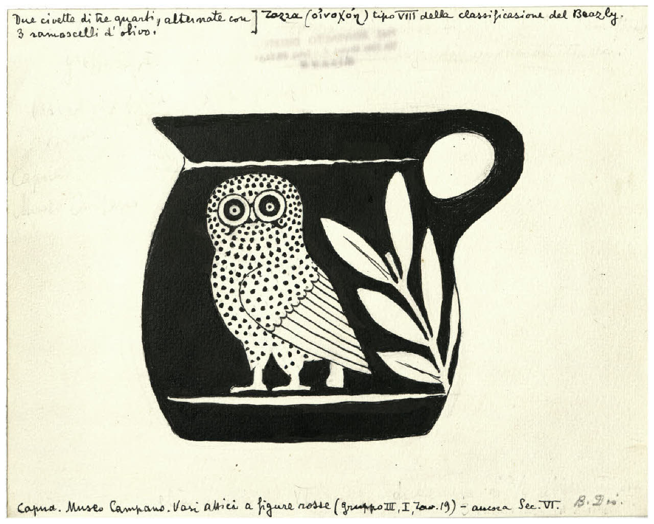 Pittura vascolare antica. Civetta (Capua, Museo Campano) (disegno) di Disertori, Benvenuto Maria (prima metà sec. XX)