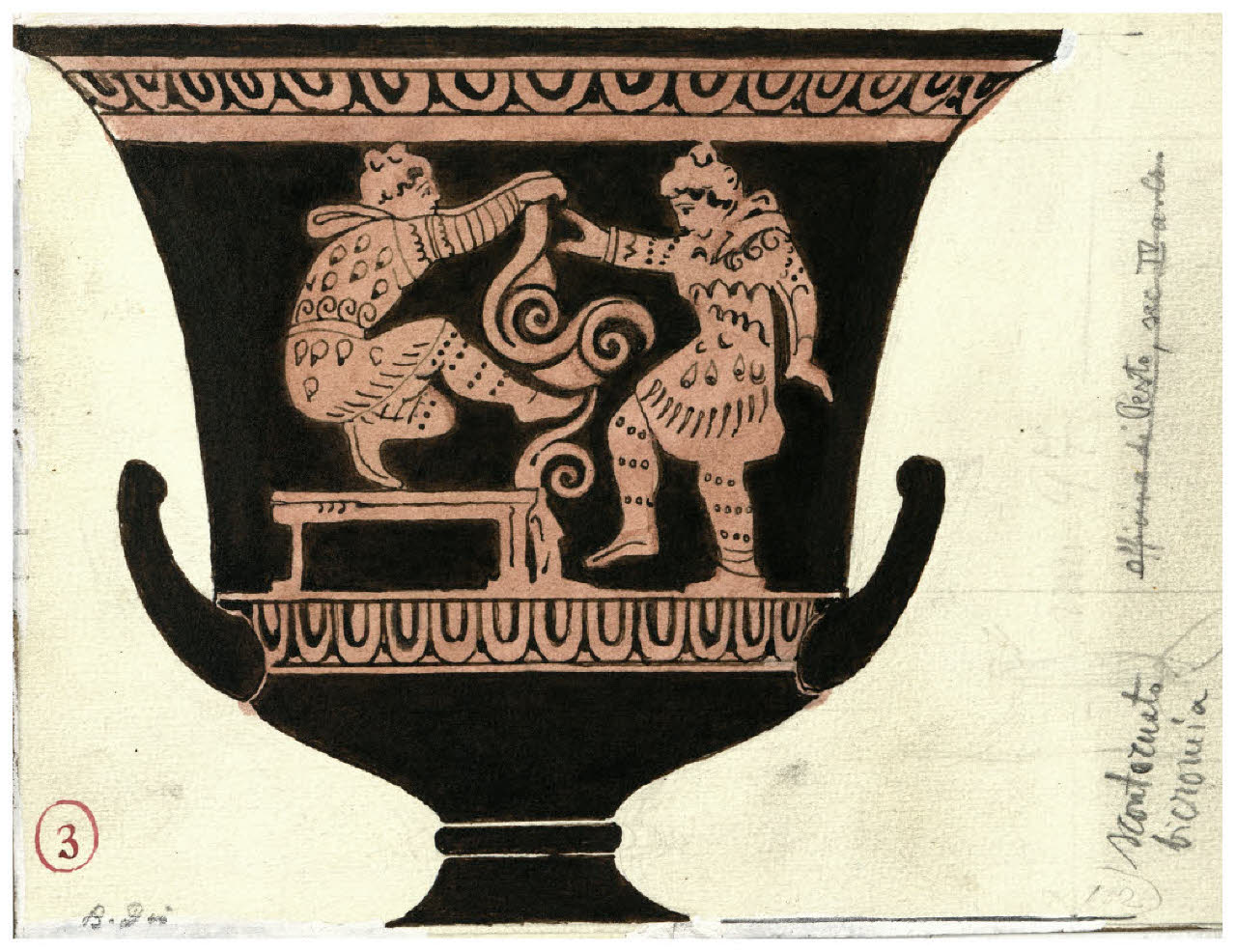 Pittura vascolare antica. Scena di danza, ceramica a figure rosse (Collezione Sambon al Museo Teatrale della Scala) (disegno) di Disertori, Benvenuto Maria (prima metà sec. XX)