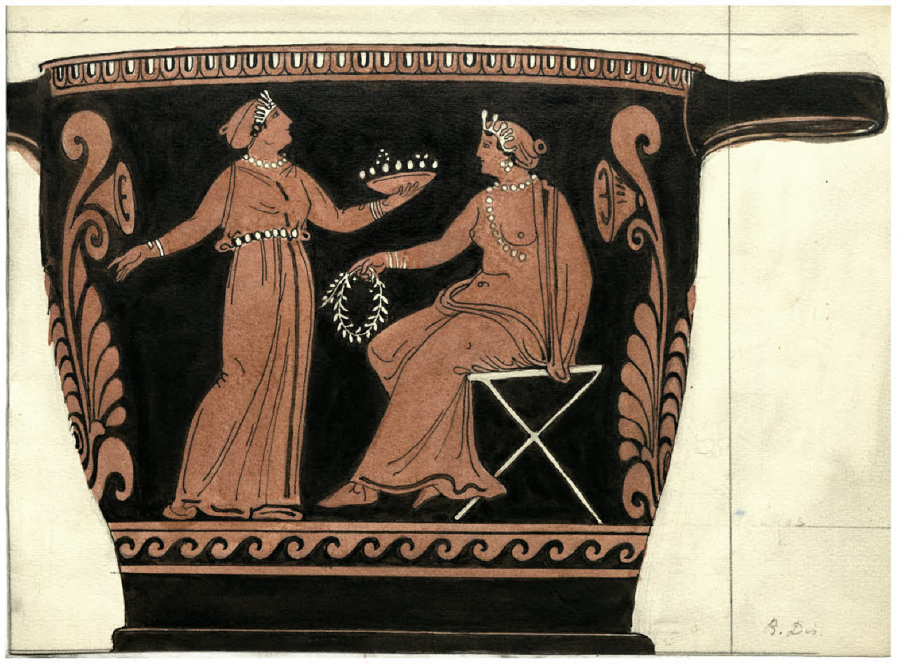 Pittura vascolare antica. Scena elisiaca, ceramica a figure rosse (Collezione Sambon al Museo Teatrale della Scala) (disegno) di Disertori, Benvenuto Maria (prima metà sec. XX)