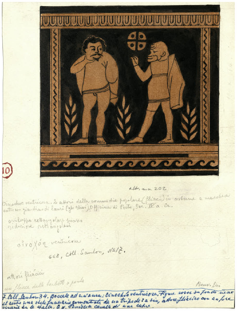 Pittura vascolare antica. Due attori della commedia popolare, ceramica a figure rosse (Collezione Sambon al Museo Teatrale della Scala) (disegno) di Disertori, Benvenuto Maria (prima metà sec. XX)