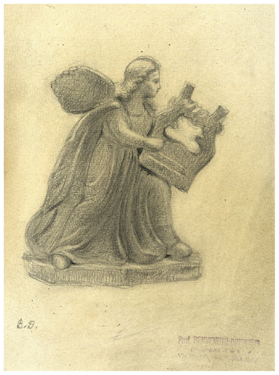 Scultura con una figura alata che tiene in mano una cetra (disegno) di Disertori, Benvenuto Maria (prima metà sec. XX)