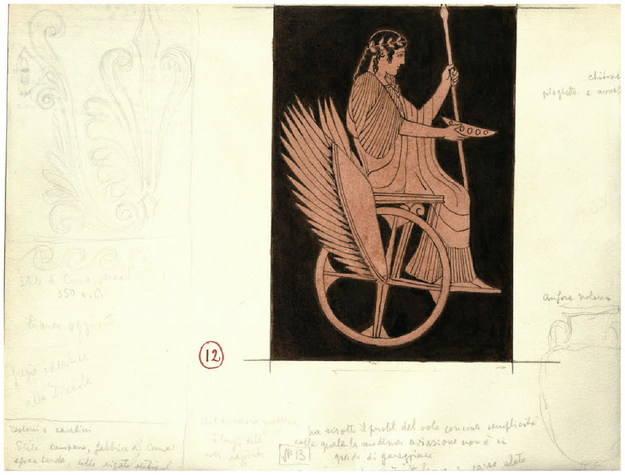 Pittura vascolare antica. Trittolemo seduto su un carro alato, ceramica a figure rosse (Collezione Sambon al Museo Teatrale della Scala) (disegno) di Disertori, Benvenuto Maria (prima metà sec. XX)