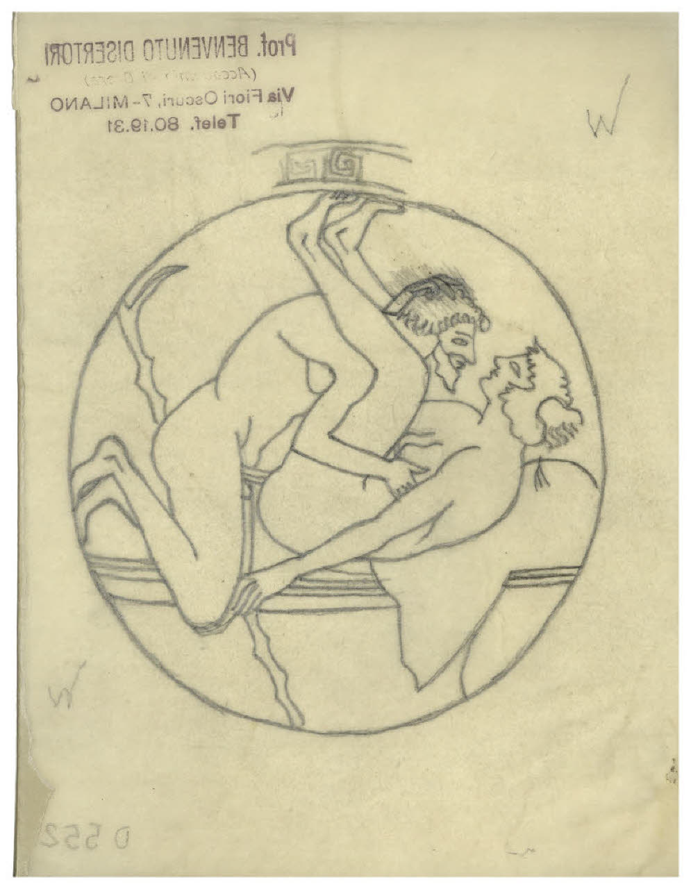 Pittura vascolare antica. Scena erotica, ceramica a figure rosse (disegno) di Disertori, Benvenuto Maria (prima metà sec. XX)