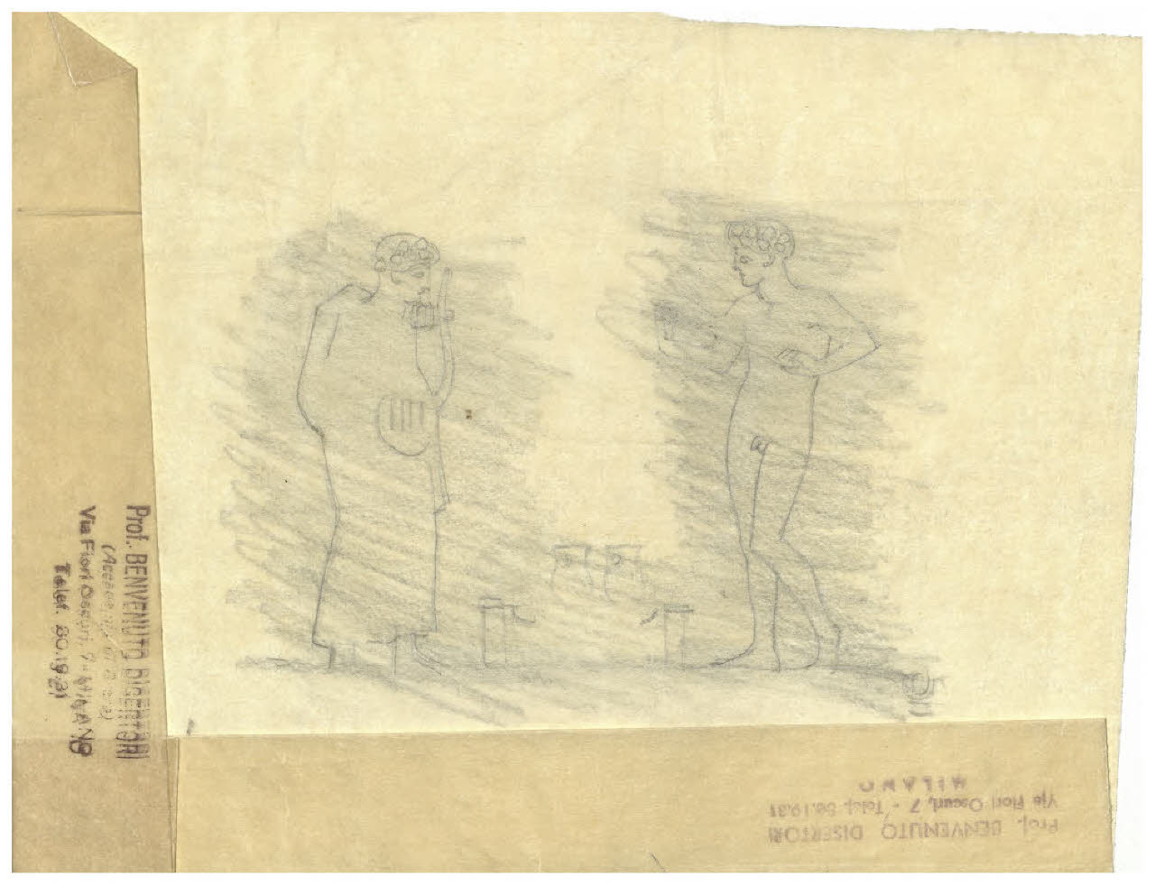 Pittura vascolare antica. Duetto musicale di un auleta e di un citarista, ceramica a figure rosse (Collezione Sambon al Museo Teatrale della Scala) (disegno) di Disertori, Benvenuto Maria (prima metà sec. XX)