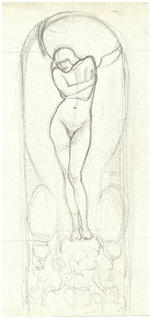 Nudo femminile in una nicchia (bozzetto per la xilografia La nicchia?) (disegno) di Disertori, Benvenuto Maria (prima metà sec. XX)