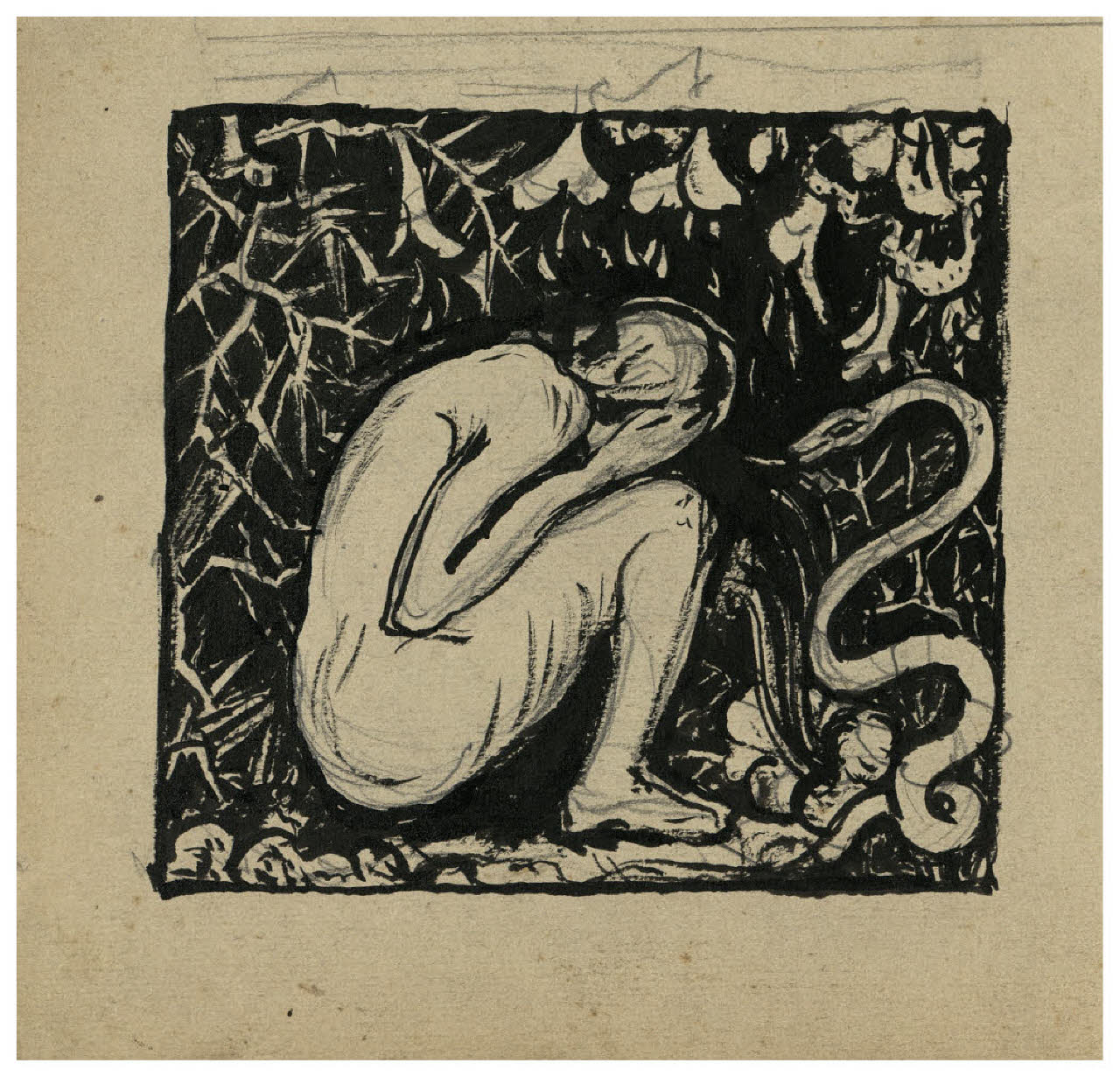 Donna e serpente (Eva?) (disegno) di Disertori, Benvenuto Maria (prima metà sec. XX)