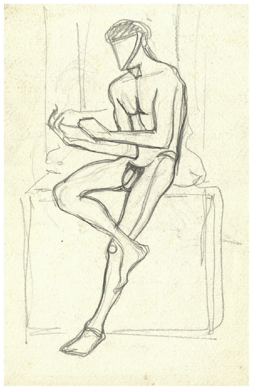 Nudo maschile seduto che legge un libro (disegno) di Disertori, Benvenuto Maria (prima metà sec. XX)