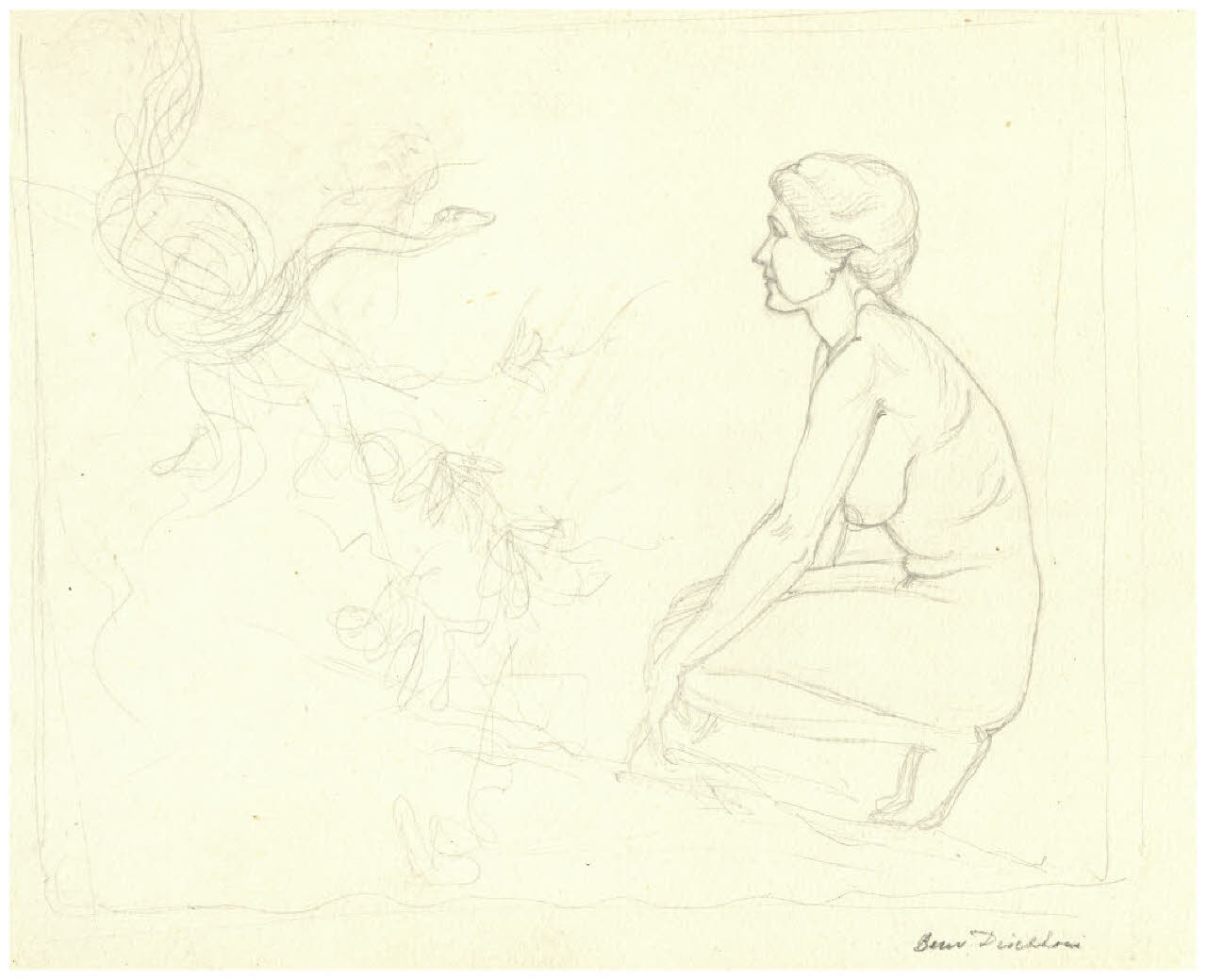Donna e serpente (Eva?) (disegno) di Disertori, Benvenuto Maria (prima metà sec. XX)