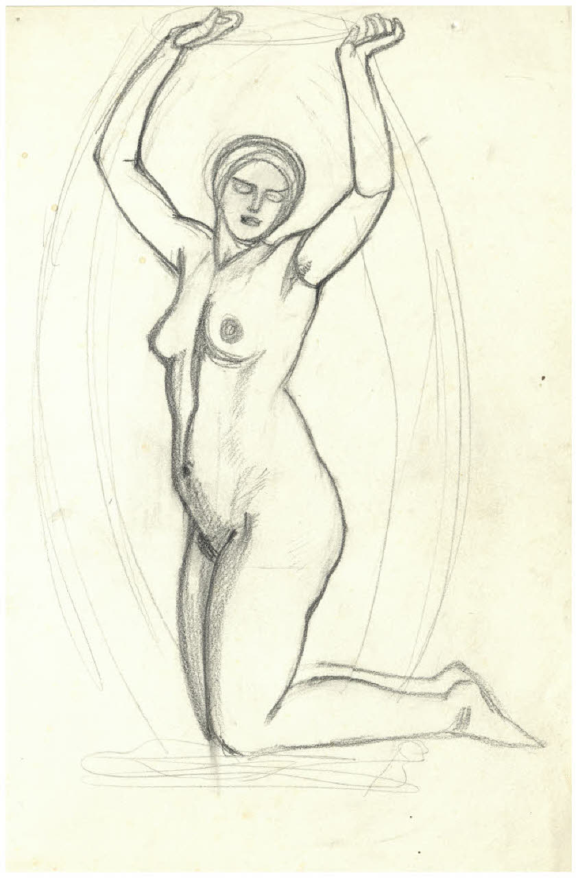 Nudo femminile in ginocchio con le braccia alzate (disegno) di Disertori, Benvenuto Maria (prima metà sec. XX)