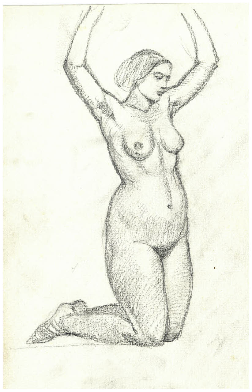 Nudo femminile in ginocchio con le braccia alzate (disegno) di Disertori, Benvenuto Maria (prima metà sec. XX)
