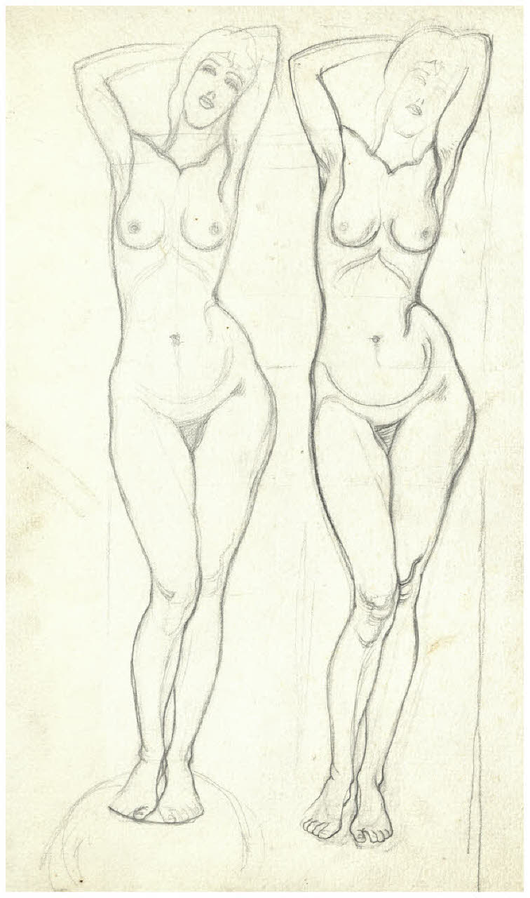 Due nudi femminili (disegno preparatorio per un ex libris per Vittorio Pica) (disegno) di Disertori, Benvenuto Maria (sec. XX)