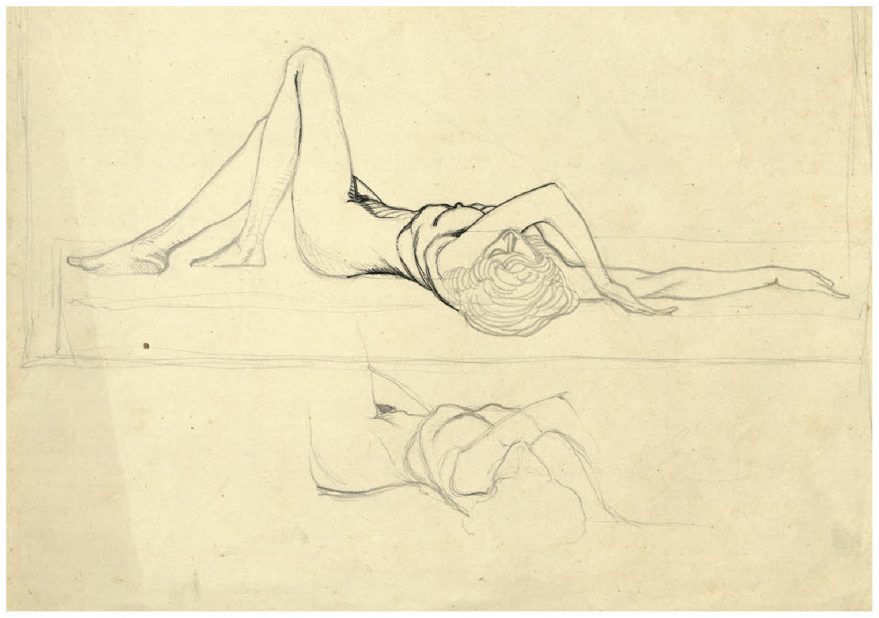 Nudo femminile disteso (disegno preparatorio per l'acquaforte Il pero) (disegno) di Disertori, Benvenuto Maria (prima metà sec. XX)