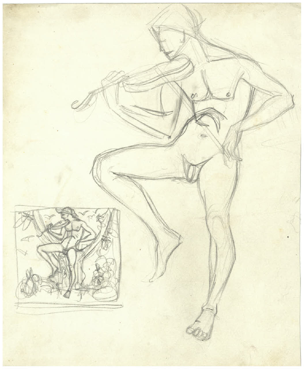 Nudo maschile con violino e schizzo per una composizione con lo stesso soggetto (disegno) di Disertori, Benvenuto Maria (prima metà sec. XX)