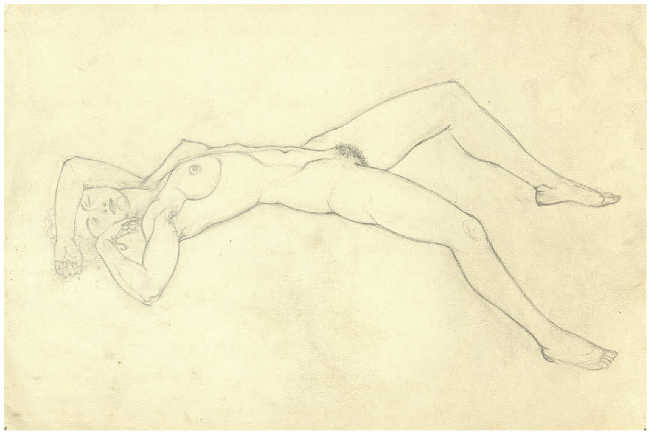 Nudo femminile sdraiato (disegno preparatorio per il Pianeta Marte) (disegno) di Disertori, Benvenuto Maria (sec. XX)