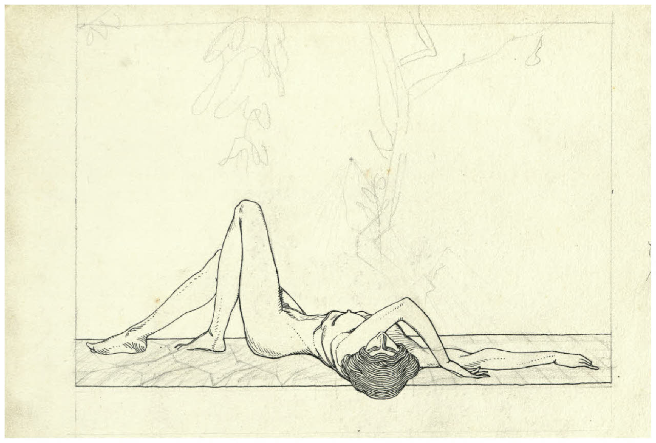 Nudo femminile disteso (disegno preparatorio per l'acquaforte Il pero) (disegno) di Disertori, Benvenuto Maria (prima metà sec. XX)