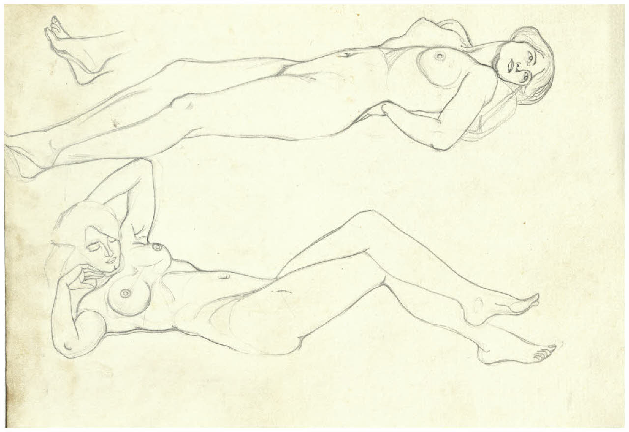 Due nudi femminili distesi (disegno) di Disertori, Benvenuto Maria (prima metà sec. XX)