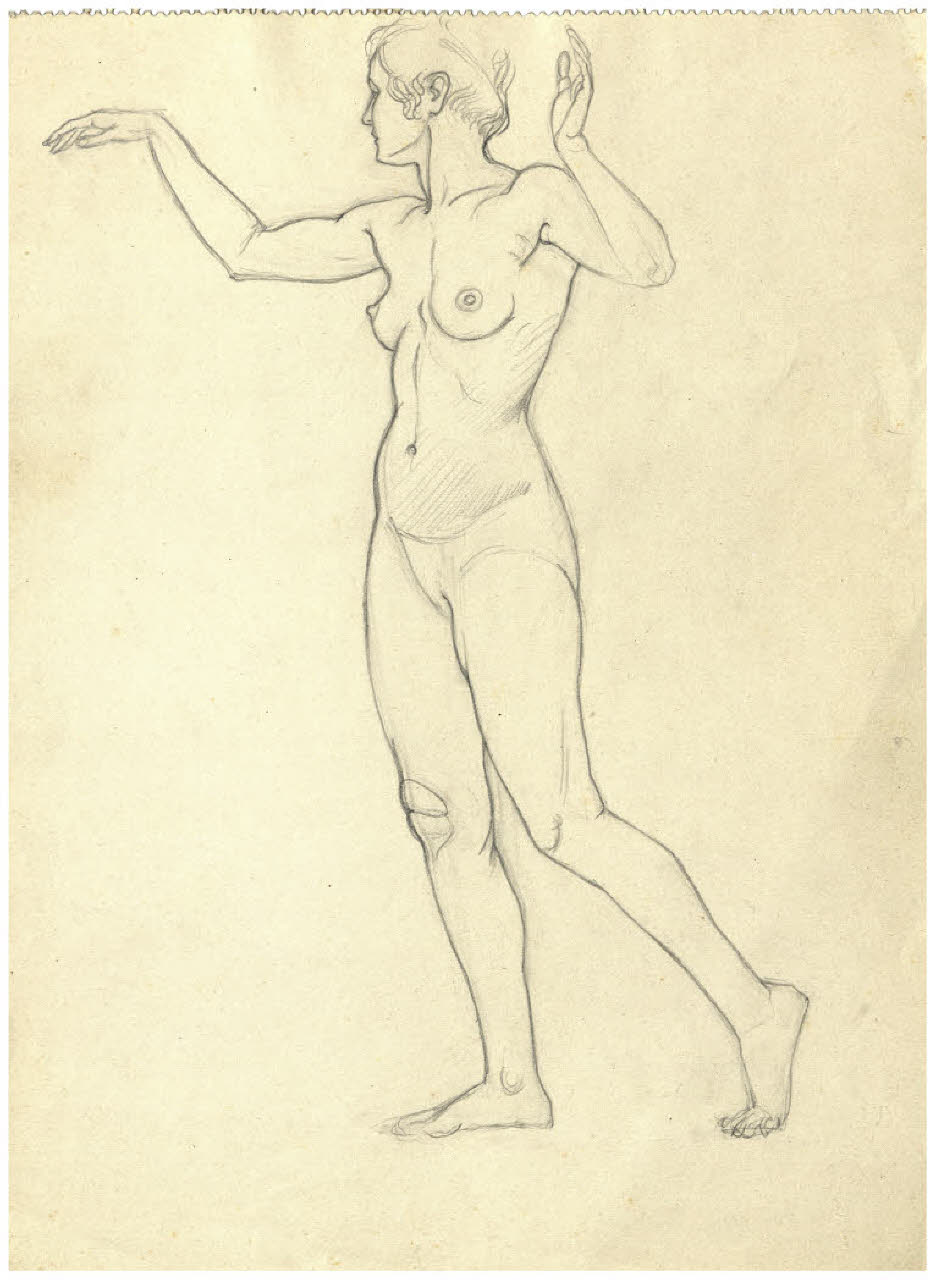 Nudo femminile (studio per la danza delle muse per l'acquaforte, non realizzata, Il Pianeta Marte?) (disegno) di Disertori, Benvenuto Maria (prima metà sec. XX)
