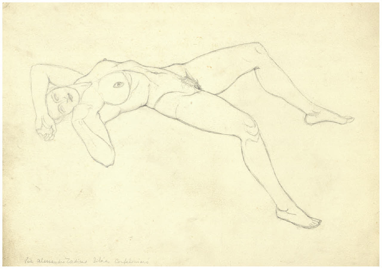 Nudo femminile disteso (disegno preparatorio per la figura di Marte nell'acquaforte, mai realizzata, Il Pianeta Marte) (disegno) di Disertori, Benvenuto Maria (sec. XX)