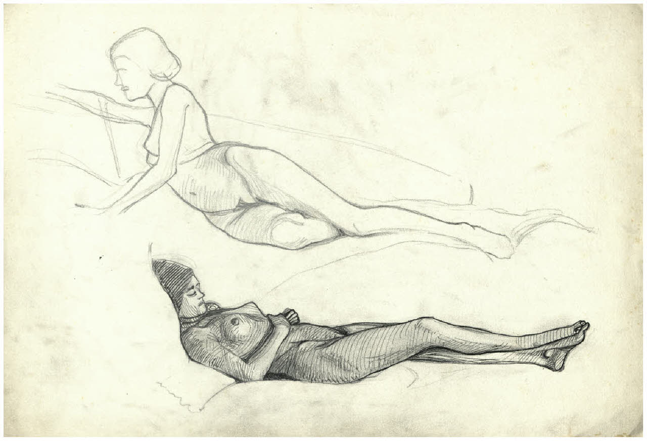 Due nudi femminili distesi (disegno) di Disertori, Benvenuto Maria (prima metà sec. XX)
