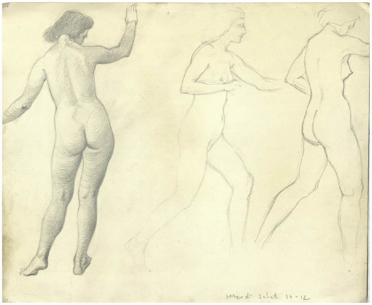 Un nudo femminile, due studi di nudi femminili (disegno) di Disertori, Benvenuto Maria (sec. XX)