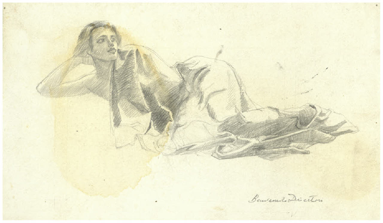 Nudo femminile disteso con panneggio (disegno) di Disertori, Benvenuto Maria (prima metà sec. XX)