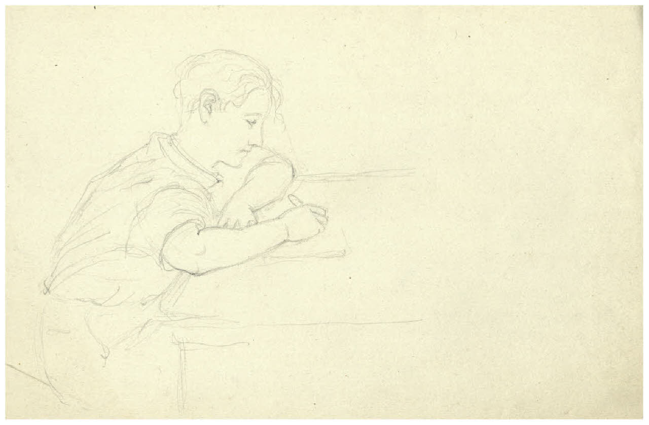 Bambino che scrive (studio per un ritratto?) (disegno) di Disertori, Benvenuto Maria (prima metà sec. XX)