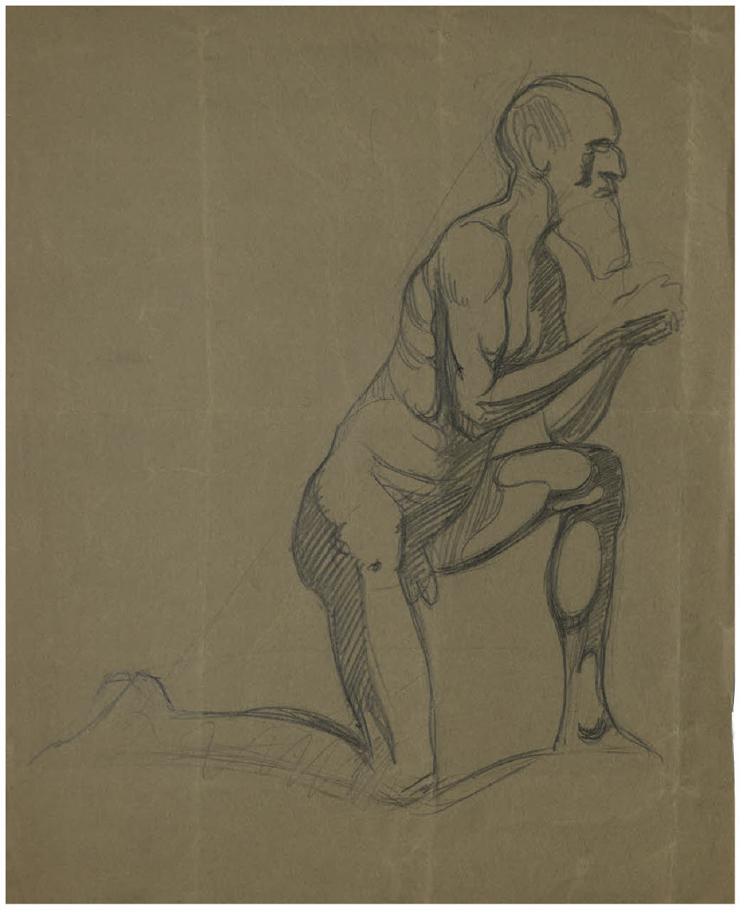 Nudo di uomo anziano in ginocchio (disegno) di Disertori, Benvenuto Maria (prima metà sec. XX)