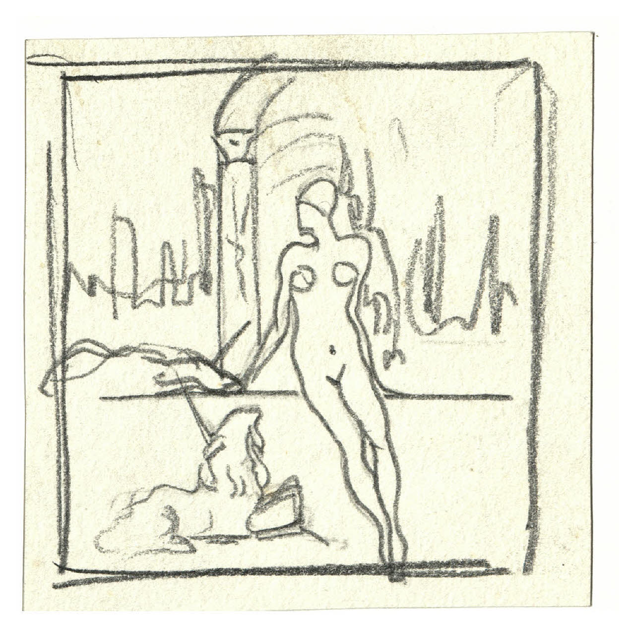 Nudo femminile seduto con accanto un animale. Schizzo per illustrazione (disegno) di Disertori, Benvenuto Maria (prima metà sec. XX)