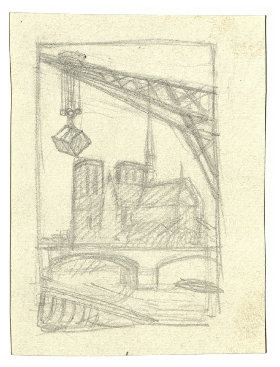 Gru in primo piano e sullo sfondo cattedrale di Notre Dame di Parigi (disegno) di Disertori, Benvenuto Maria (prima metà sec. XX)