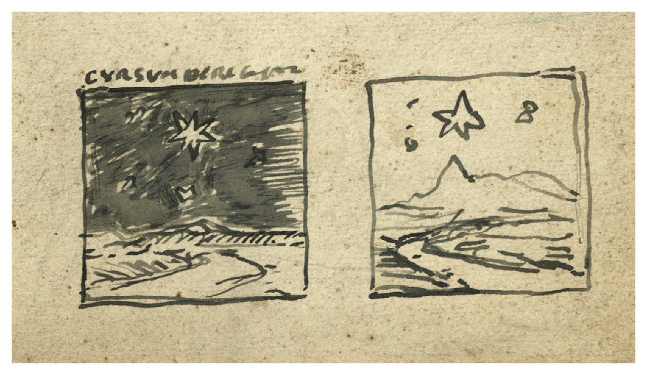 Due vignette con cielo stellato - Cursum dirigit (disegno) di Disertori, Benvenuto Maria (prima metà sec. XX)