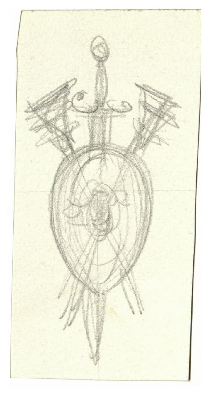 Spada, tube romane e scudo. Studio per illustrazione (disegno) di Disertori, Benvenuto Maria (secondo quarto sec. XX)