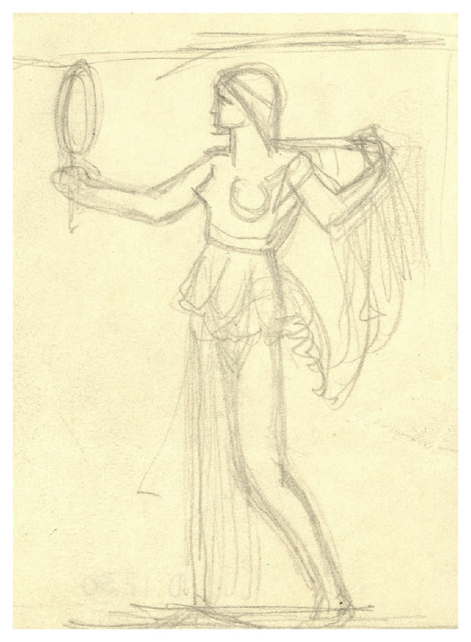Figura femminile allegorica che tiene in mano uno specchio (disegno preparatorio per la copertina di Giovanni Papini, Filosofia e letteratura, Milano, Mondadori, 1961) (disegno) di Disertori, Benvenuto Maria (sec. XX)