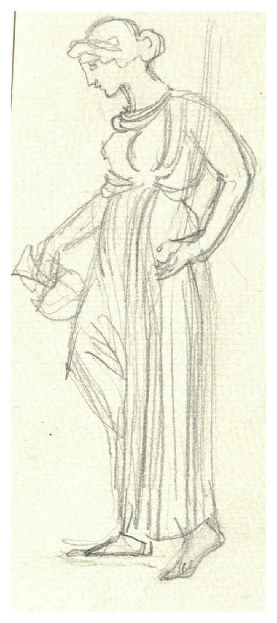 Figura femminile con veste classica e un vaso. Studio per illustrazione (disegno) di Disertori, Benvenuto Maria (prima metà sec. XX)