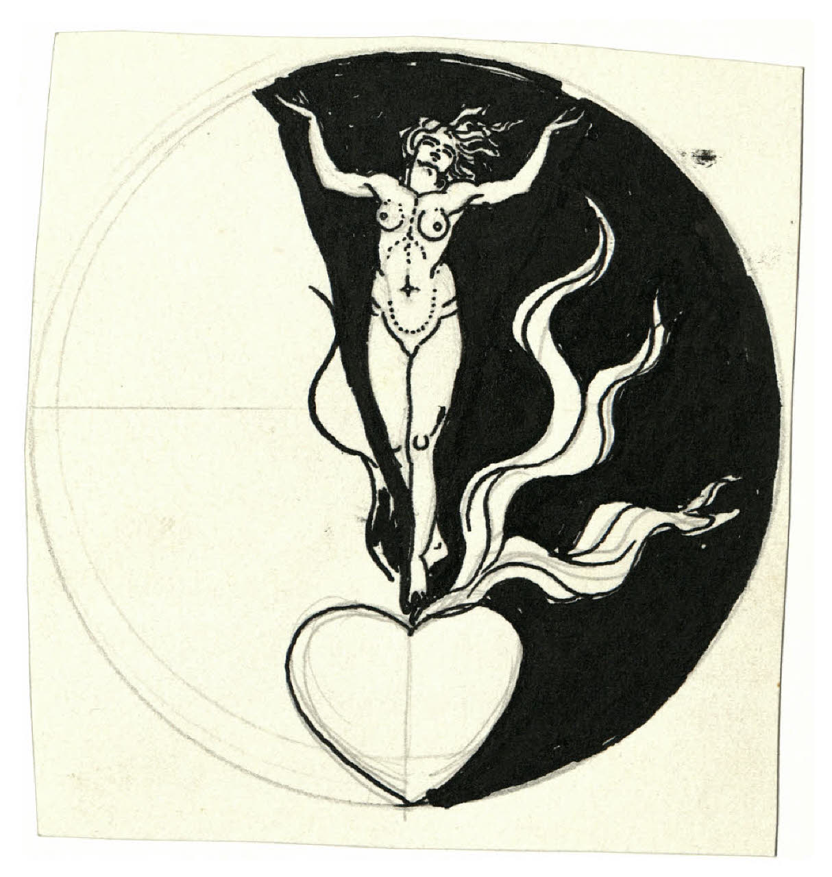 Nudo femminile in piedi su un cuore fiammante. Studio per illustrazione (disegno) di Disertori, Benvenuto Maria (prima metà sec. XX)