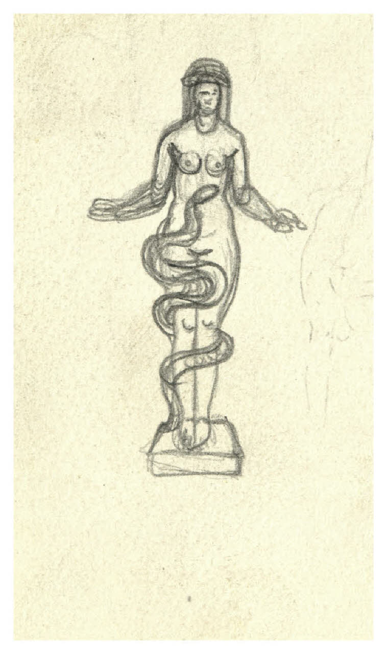 Statua raffigurante una donna tra le spire di un serpente. Studio per illustrazione (disegno) di Disertori, Benvenuto Maria (prima metà sec. XX)
