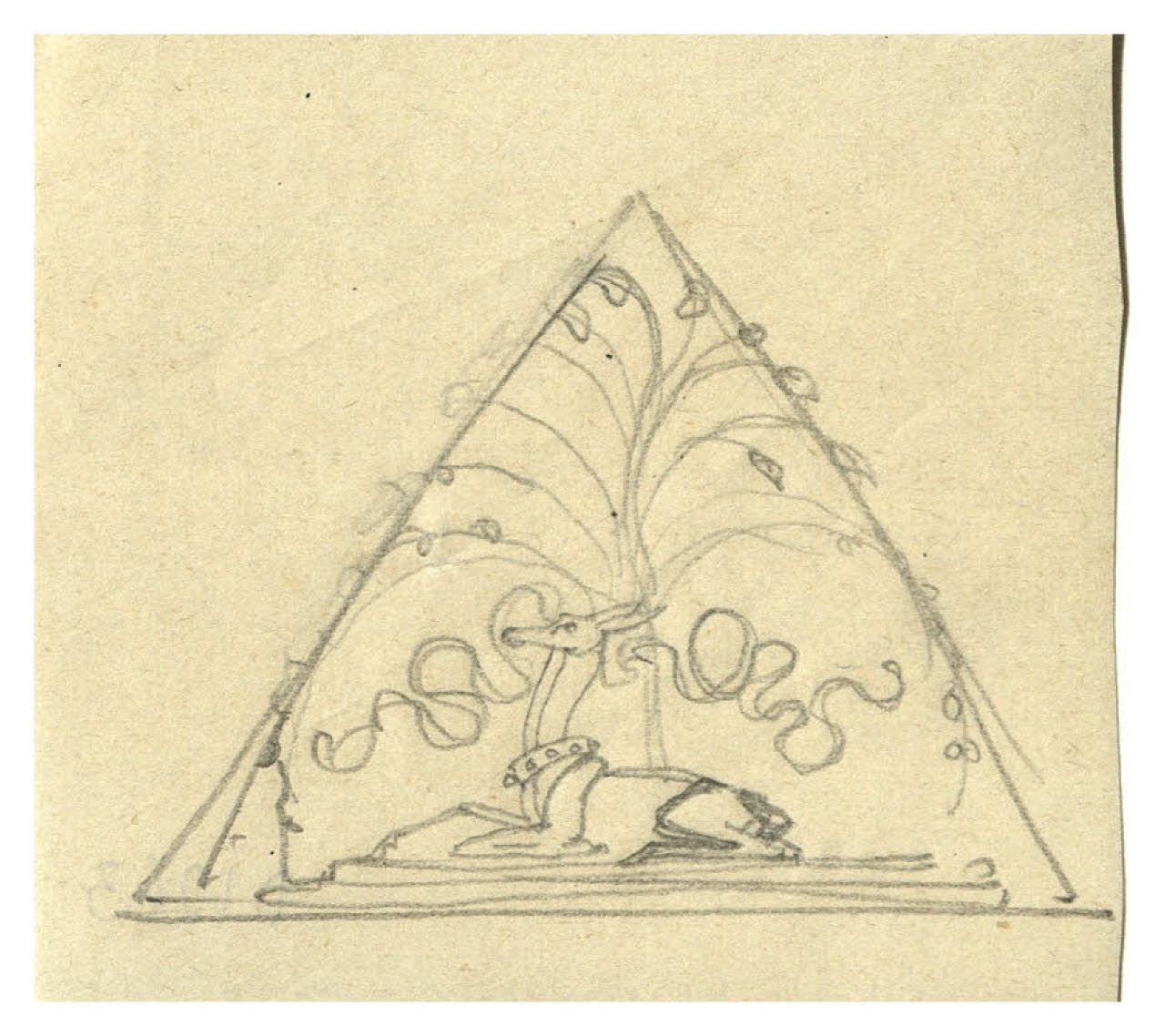 Cerva ai piedi di un albero al quale si intreccia un cartiglio. Disegno preparatorio per la copertina di Fausto Maria Martini, Il fiore sotto gli occhi, Milano, Mondadori, 1922 (disegno) di Disertori, Benvenuto Maria (sec. XX)