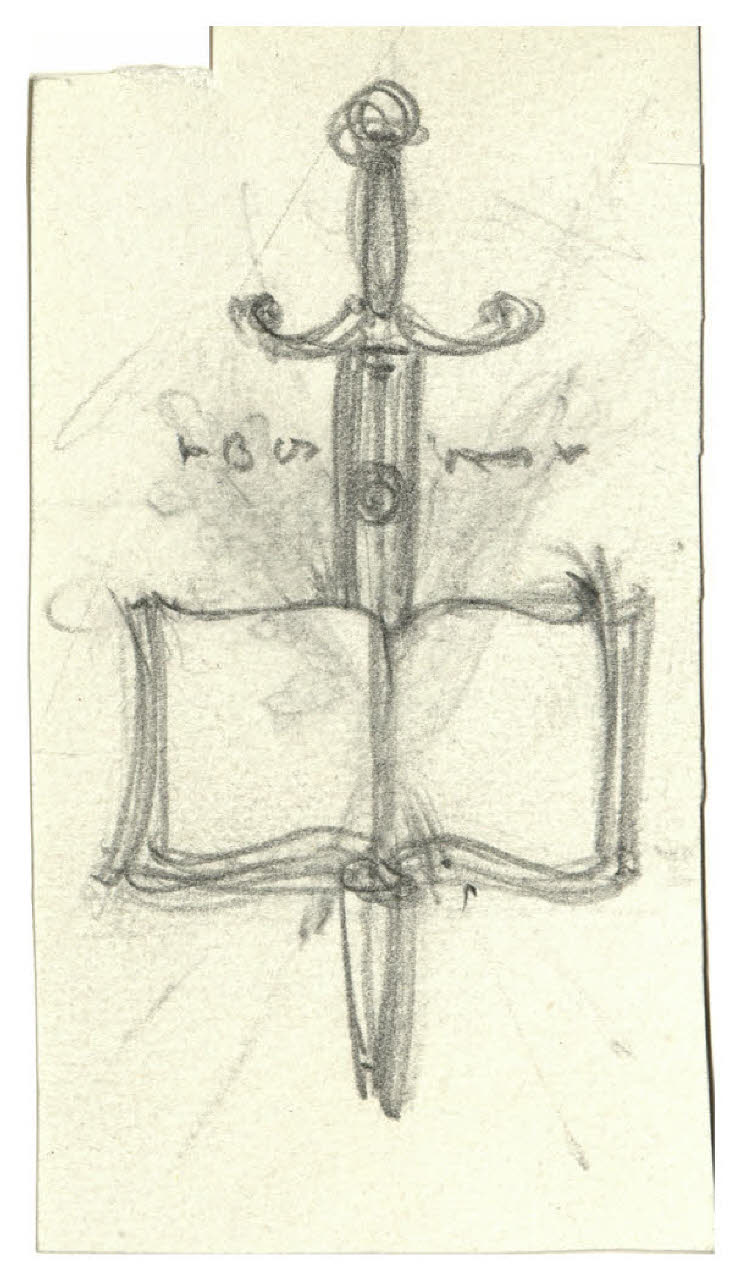 Spada e libro aperto. Disegno preparatorio per la copertina di Attilio Teruzzi, La Cirenaica verde, Milano, Mondadori, 1931 (?) - variante di studio (disegno) di Disertori, Benvenuto Maria (prima metà sec. XX)